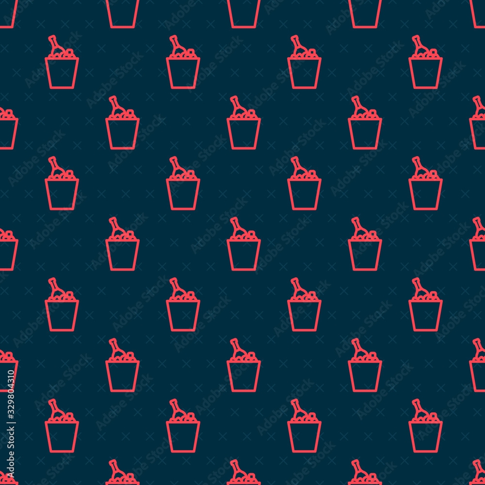 Red line Bottle of champagne in an ice bucket icon isolated seamless pattern on black background. Ve