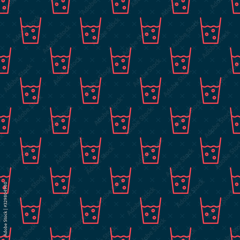 Red line Glass with water icon isolated seamless pattern on black background. Soda glass. Vector Ill