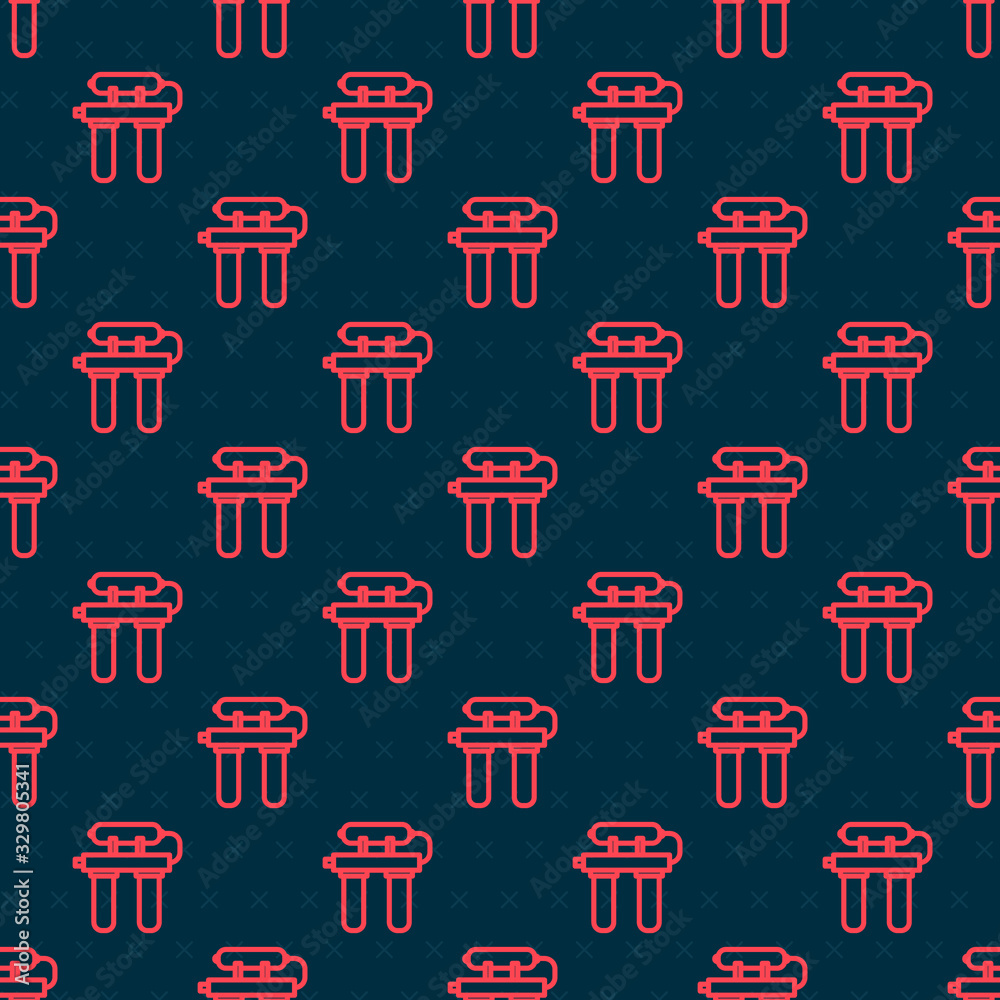 Red line Water filter icon isolated seamless pattern on black background. System for filtration of w