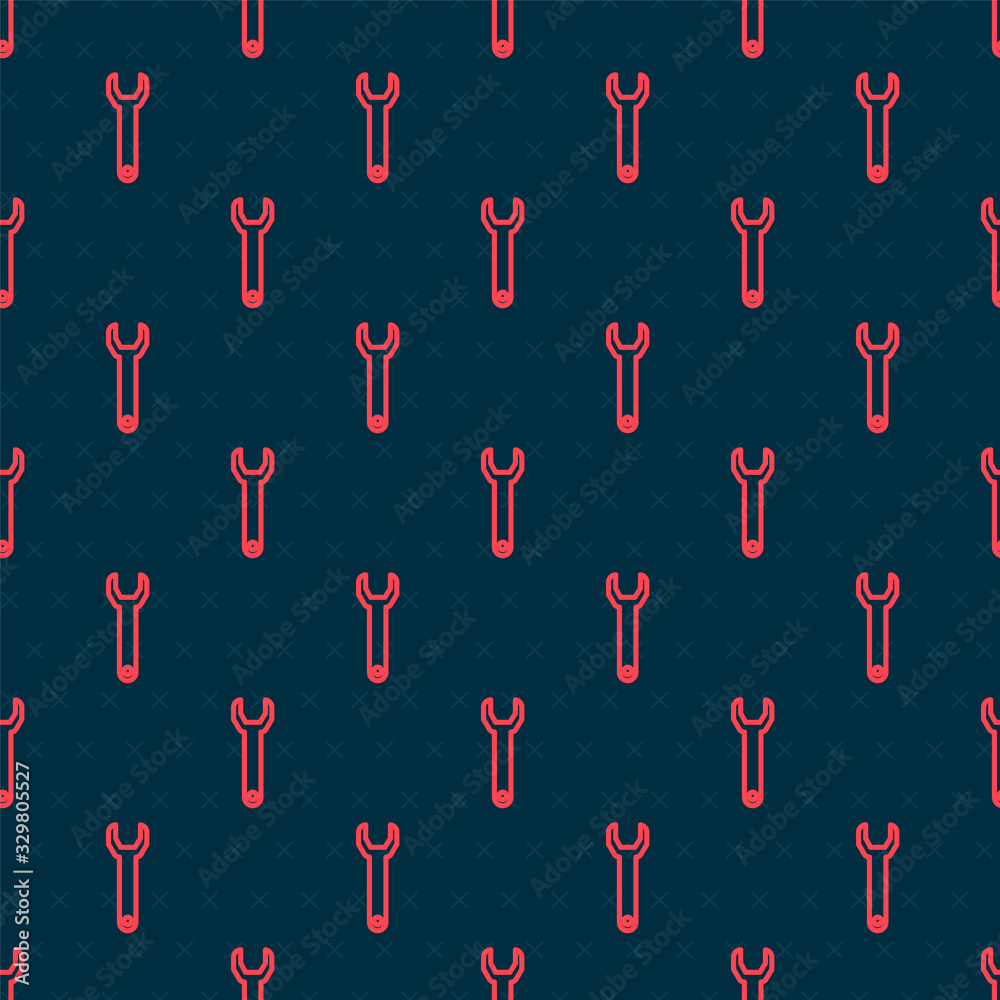 Red line Wrench spanner icon isolated seamless pattern on black background. Vector Illustration