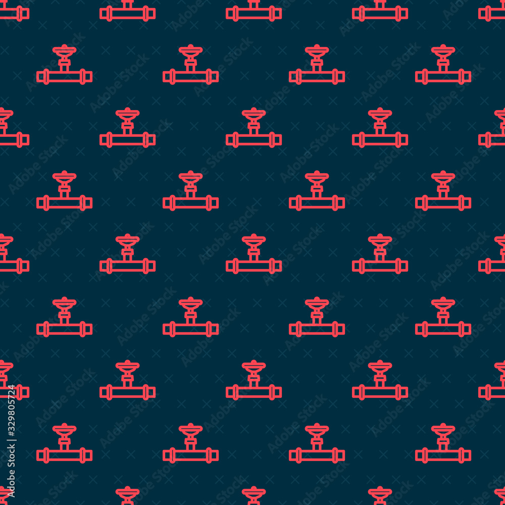 Red line Industry metallic pipe and valve icon isolated seamless pattern on black background. Vector