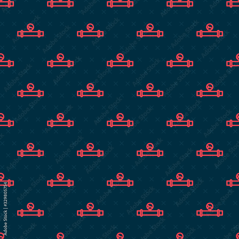 Red line Industry metallic pipe and manometer icon isolated seamless pattern on black background. Ve