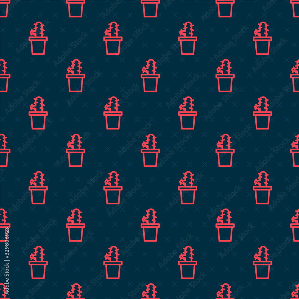 Red line Cactus peyote in pot icon isolated seamless pattern on black background. Plant growing in a