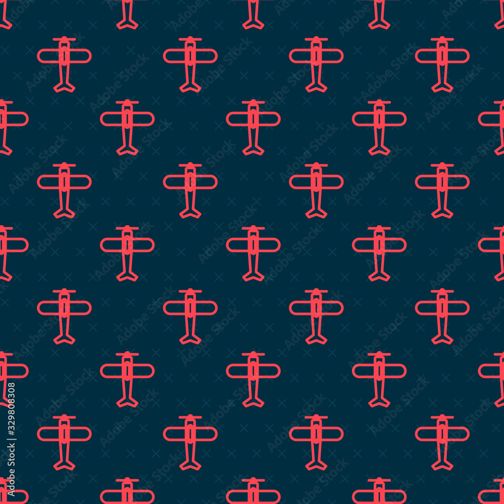 Red line Plane icon isolated seamless pattern on black background. Flying airplane icon. Airliner si