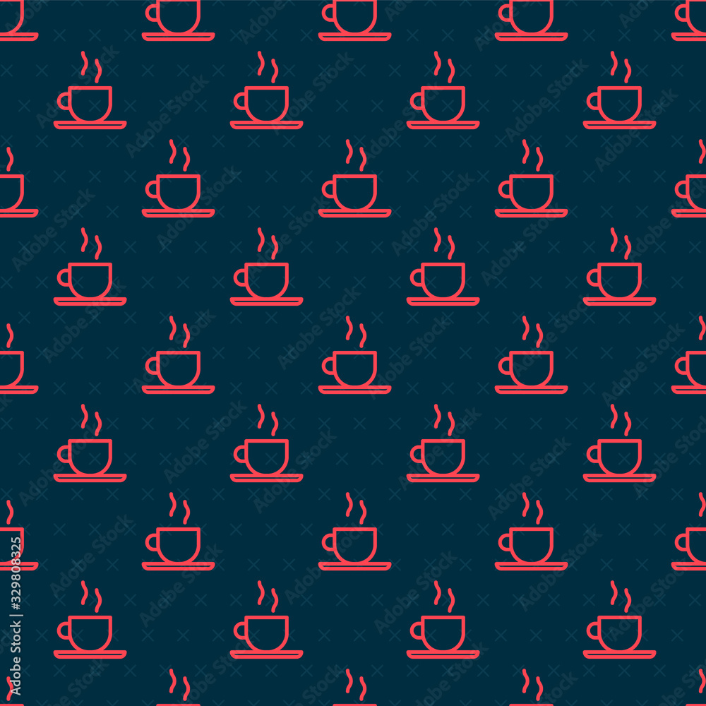 Red line Coffee cup icon isolated seamless pattern on black background. Tea cup. Hot drink coffee. V