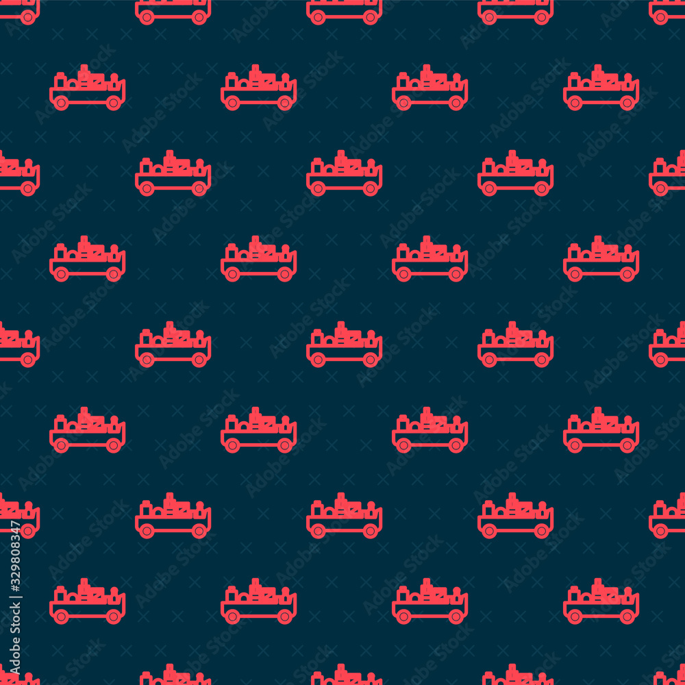 Red line Airport luggage towing truck icon isolated seamless pattern on black background. Airport lu