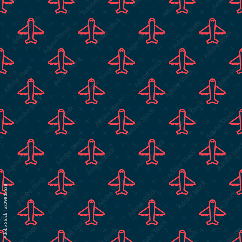 Red line Plane icon isolated seamless pattern on black background. Flying airplane icon. Airliner si