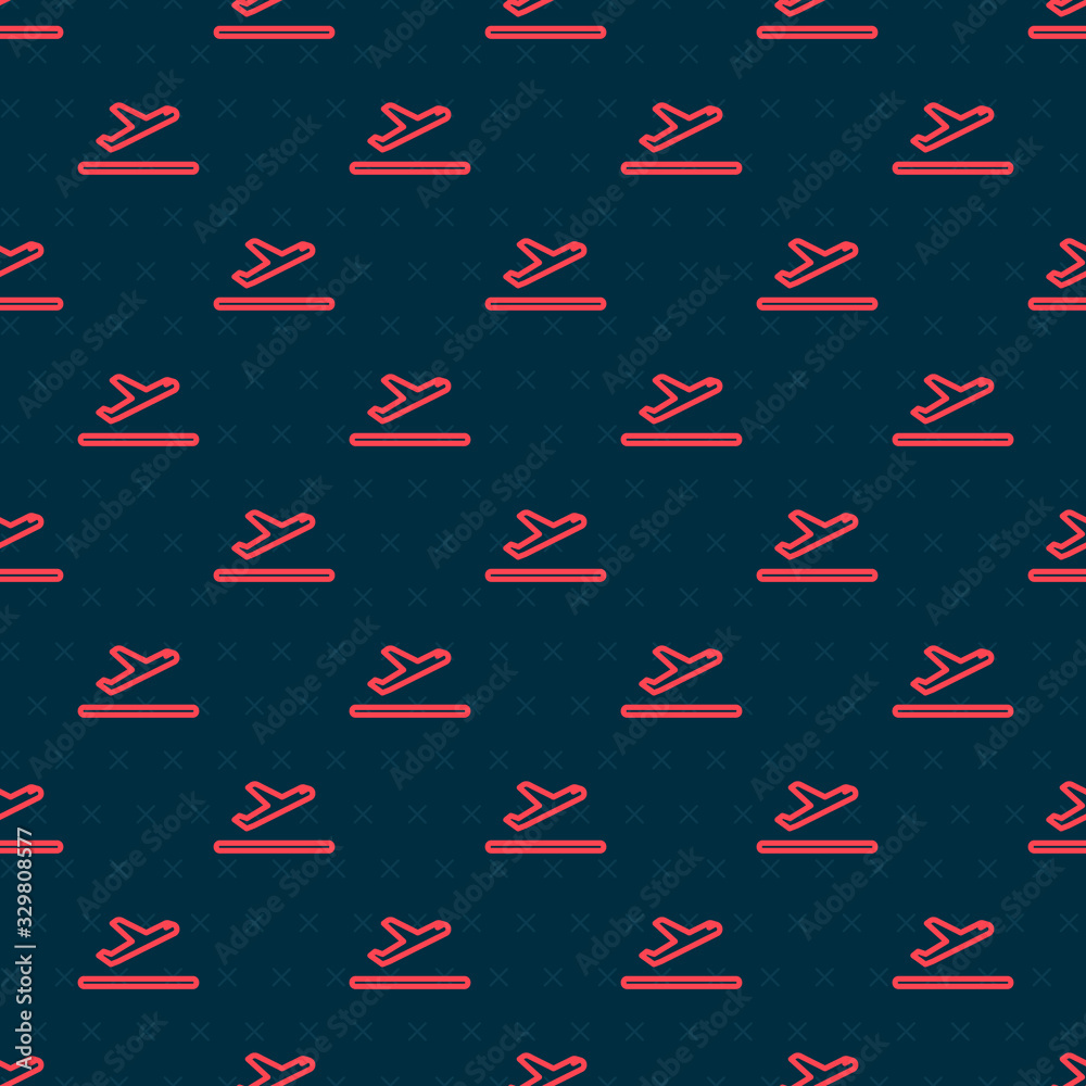 Red line Plane takeoff icon isolated seamless pattern on black background. Airplane transport symbol