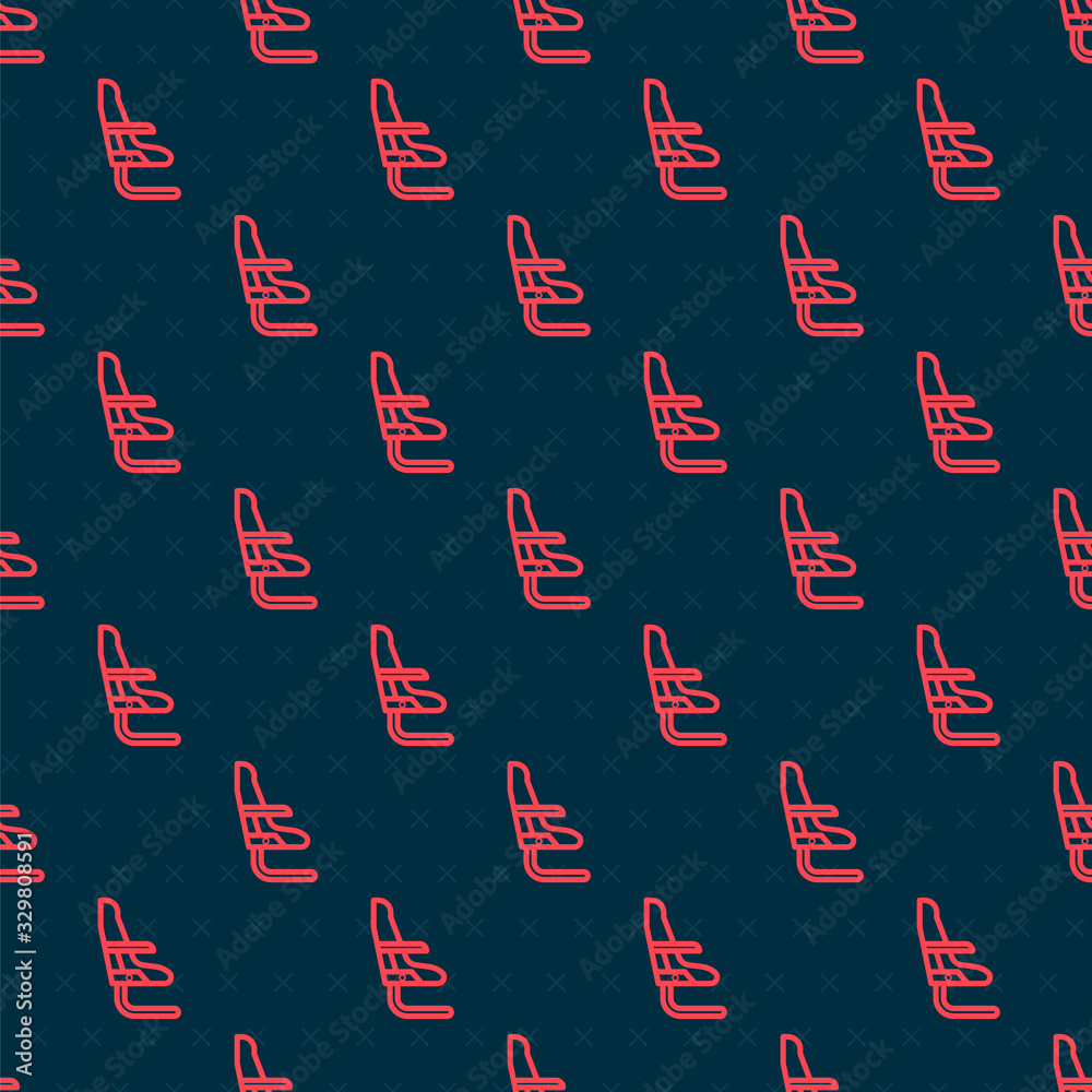 Red line Airplane seat icon isolated seamless pattern on black background. Vector Illustration