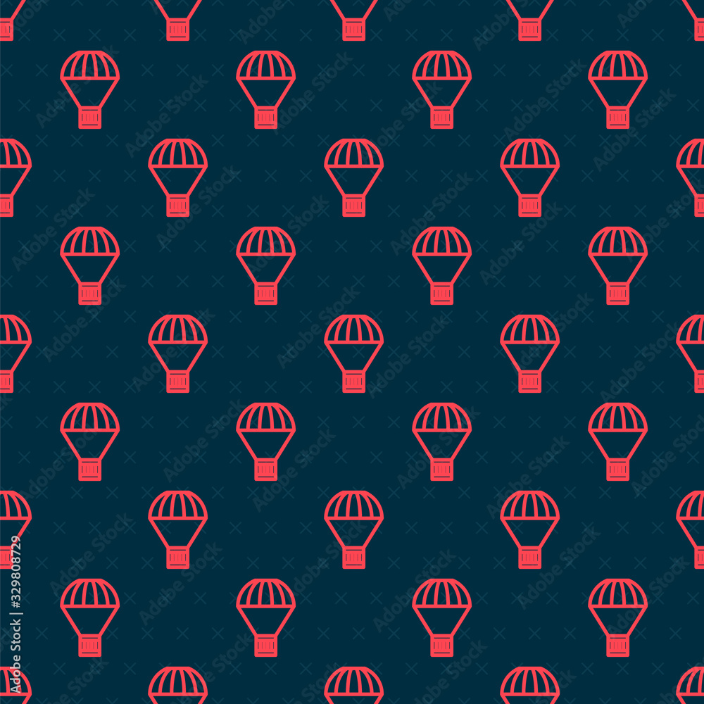 Red line Box flying on parachute icon isolated seamless pattern on black background. Parcel with par