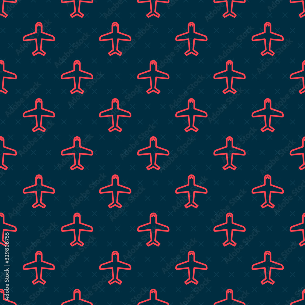 Red line Plane icon isolated seamless pattern on black background. Flying airplane icon. Airliner si