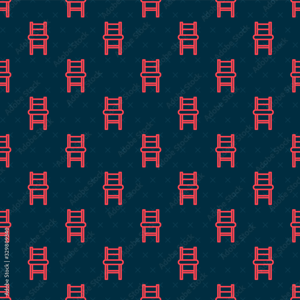 Red line Chair icon isolated seamless pattern on black background. Vector Illustration