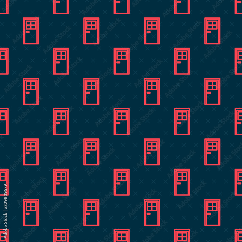 Red line Closed door icon isolated seamless pattern on black background. Vector Illustration