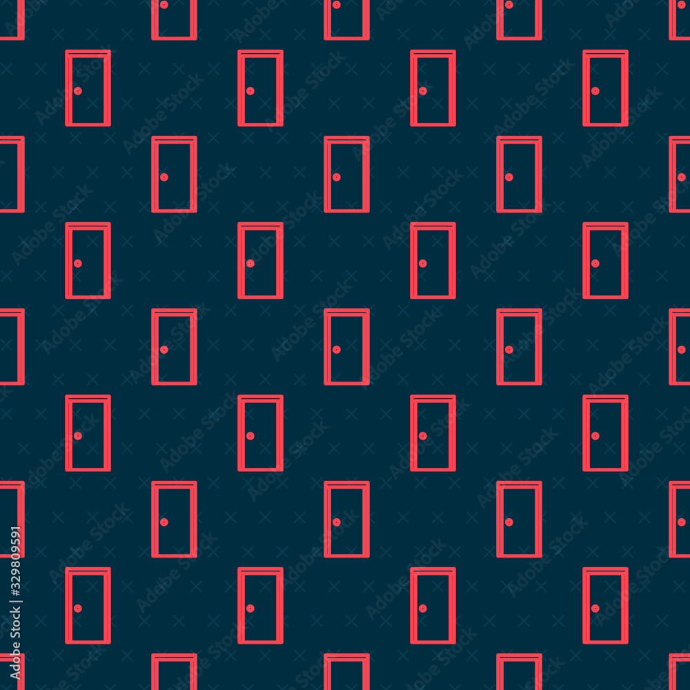 Red line Closed door icon isolated seamless pattern on black background. Vector Illustration