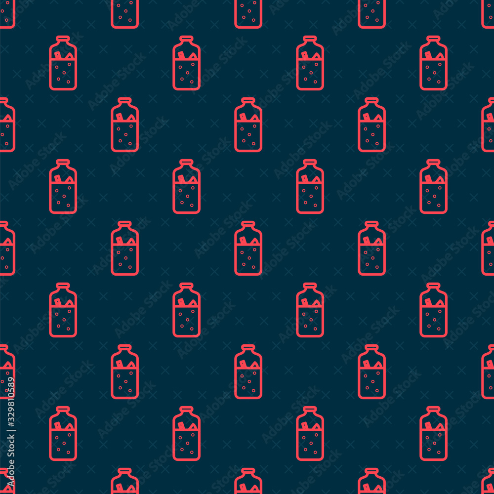 Red line Mulled wine with ingredients icon isolated seamless pattern on black background. Cinnamon s