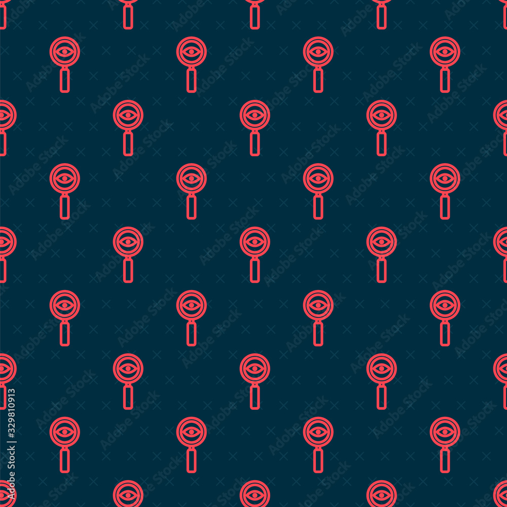 Red line Magnifying glass icon isolated seamless pattern on black background. Search, focus, zoom, b