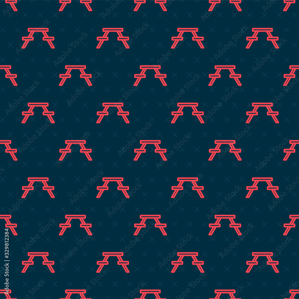 Red line Picnic table with benches on either side of the table icon isolated seamless pattern on bla