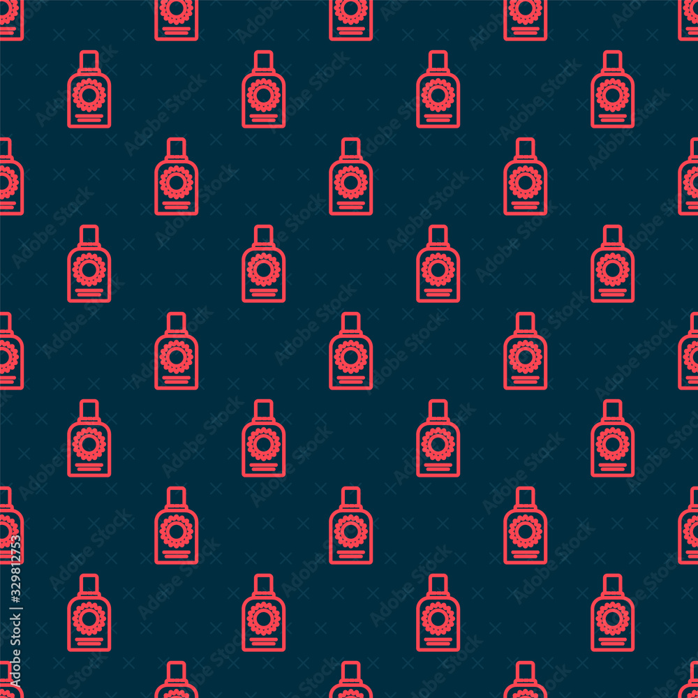 Red line Sunscreen spray bottle icon isolated seamless pattern on black background. Protection for t