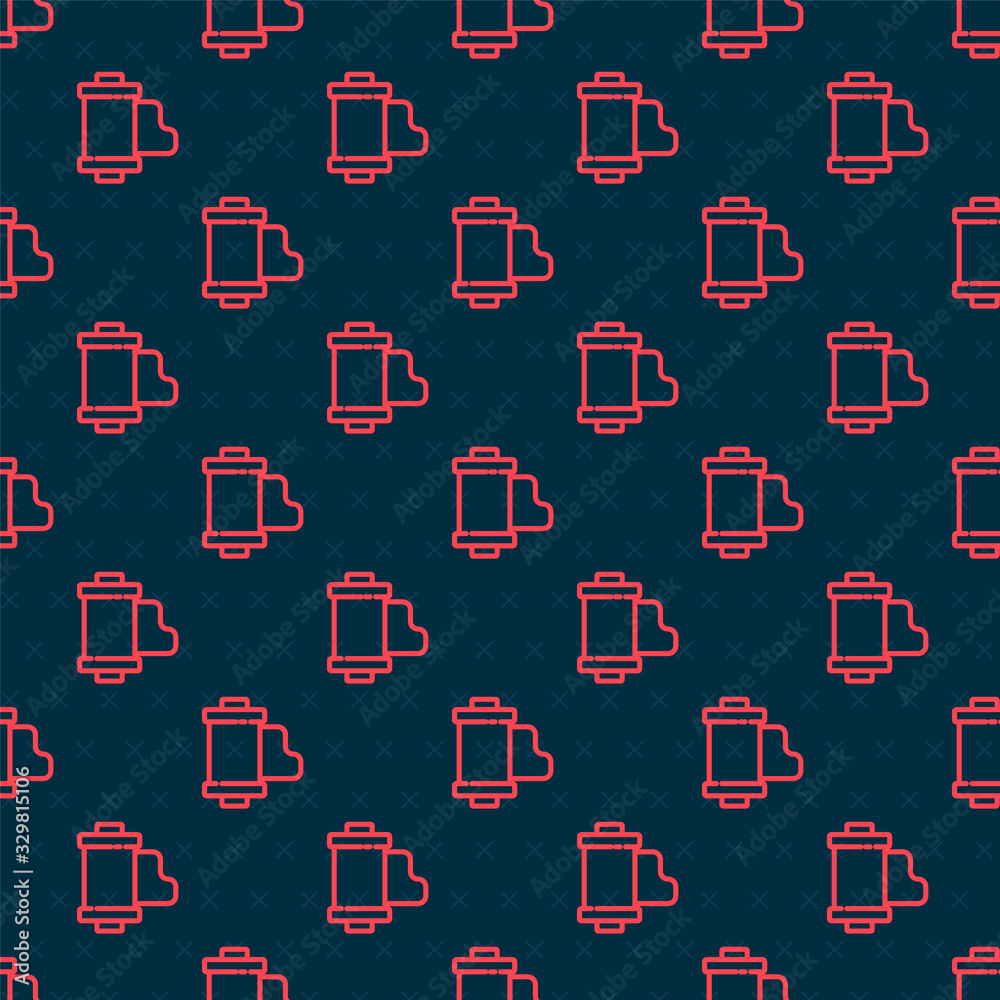 Red line Camera vintage film roll cartridge icon isolated seamless pattern on black background. 35mm