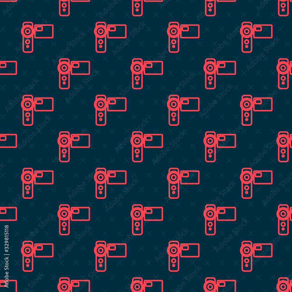 Red line Cinema camera icon isolated seamless pattern on black background. Video camera. Movie sign.