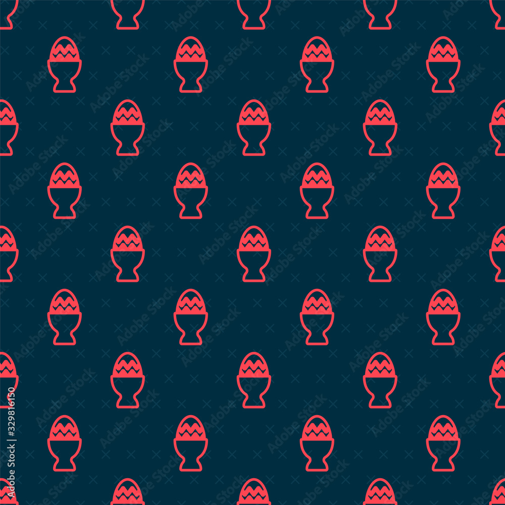 Red line Easter egg on a stand icon isolated seamless pattern on black background. Happy Easter. Vec