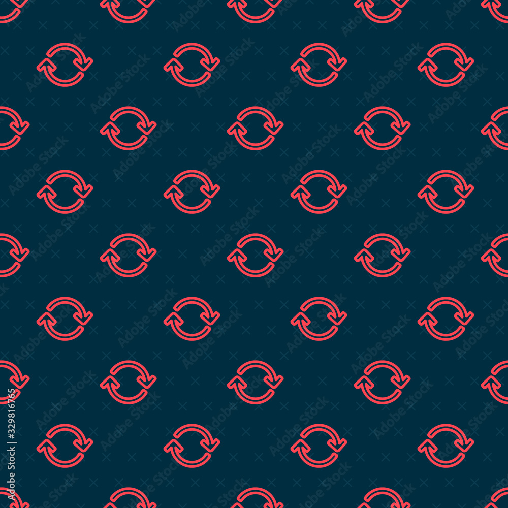 Red line Refresh icon isolated seamless pattern on black background. Reload symbol. Rotation arrows 