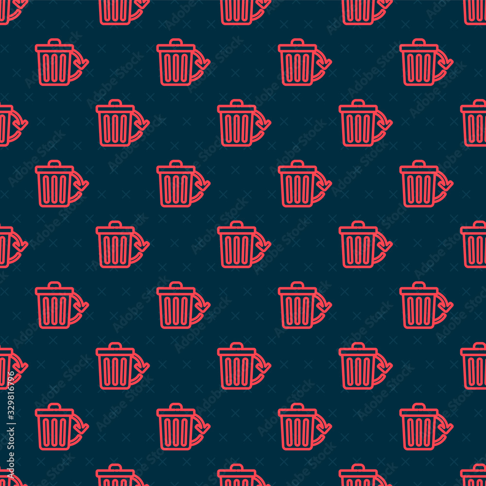 Red line Recycle bin with recycle symbol icon isolated seamless pattern on black background. Trash c