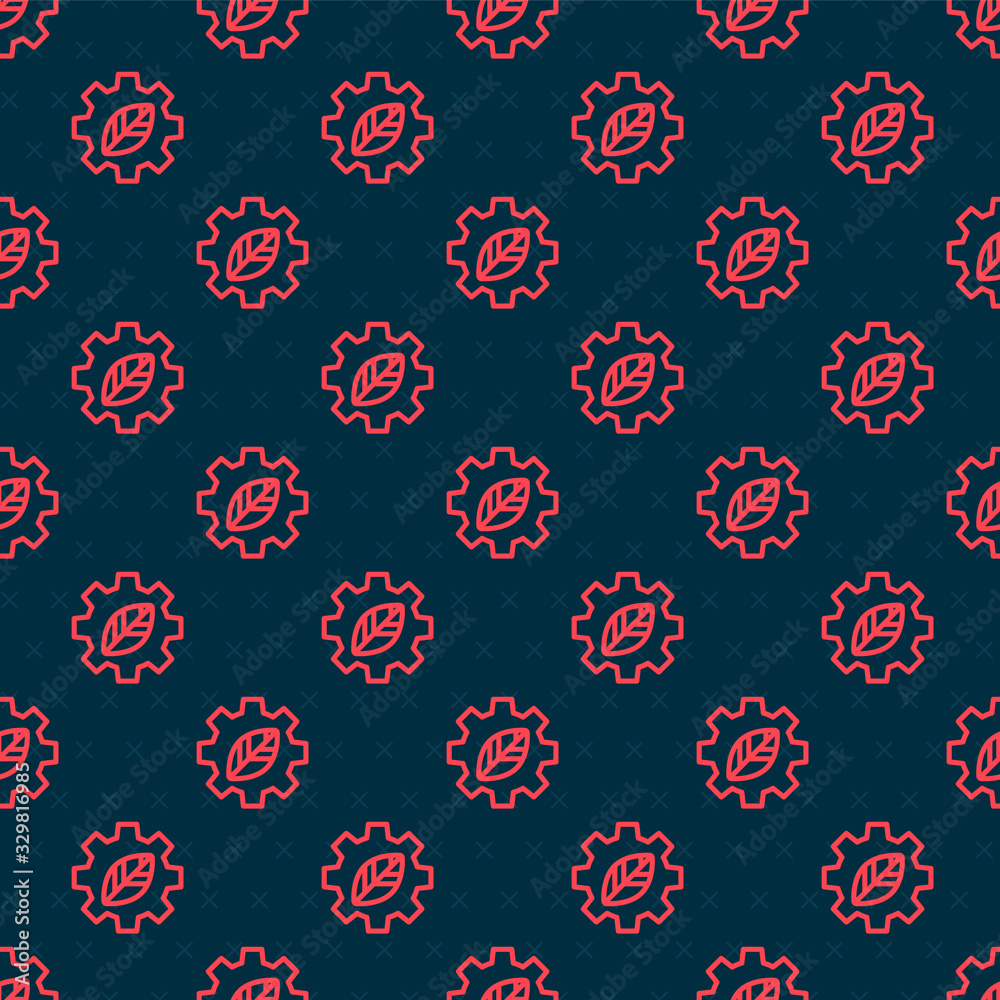 Red line Leaf plant ecology in gear machine icon isolated seamless pattern on black background. Eco 