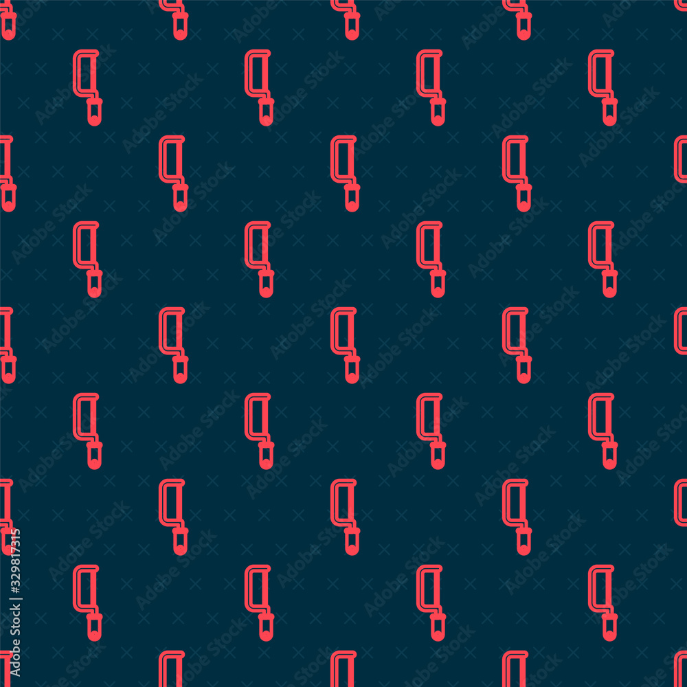 Red line Hacksaw icon isolated seamless pattern on black background. Metal saw for wood and metal. V