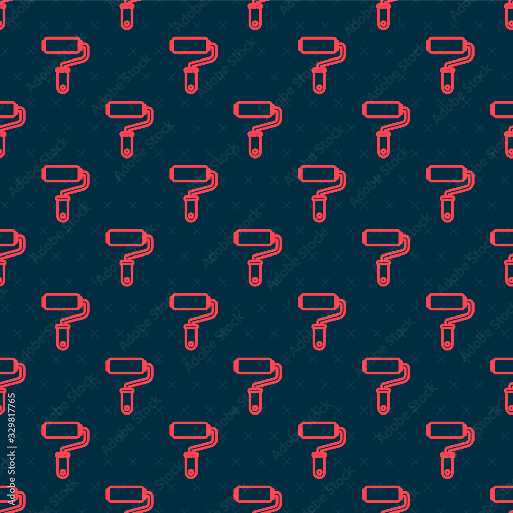 Red line Paint roller brush icon isolated seamless pattern on black background. Vector Illustration