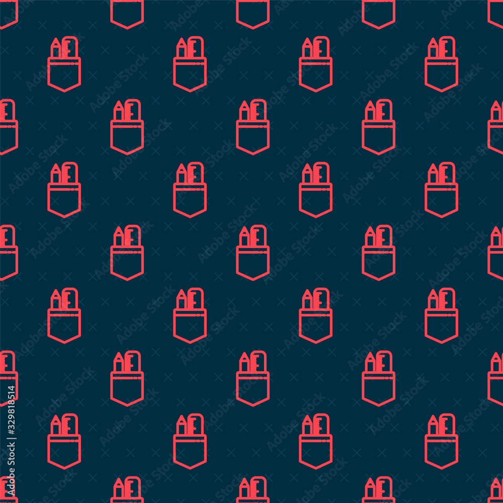 Red line Crossed ruler and pencil icon isolated seamless pattern on black background. Straightedge s