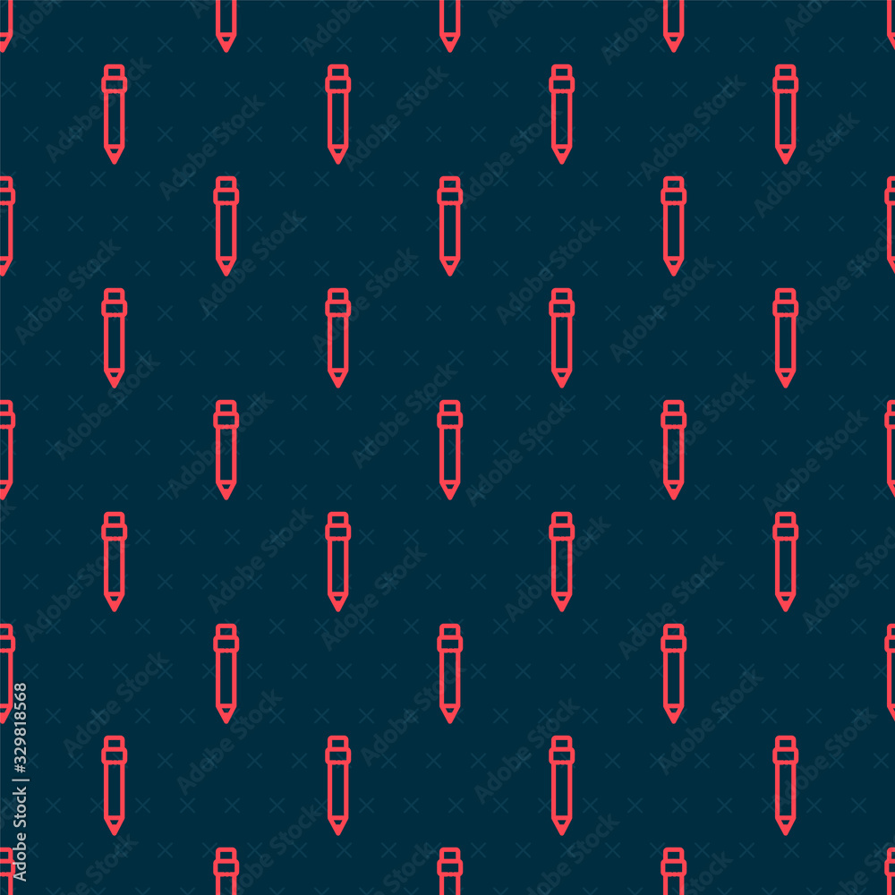 Red line Pencil with eraser icon isolated seamless pattern on black background. Drawing and educatio