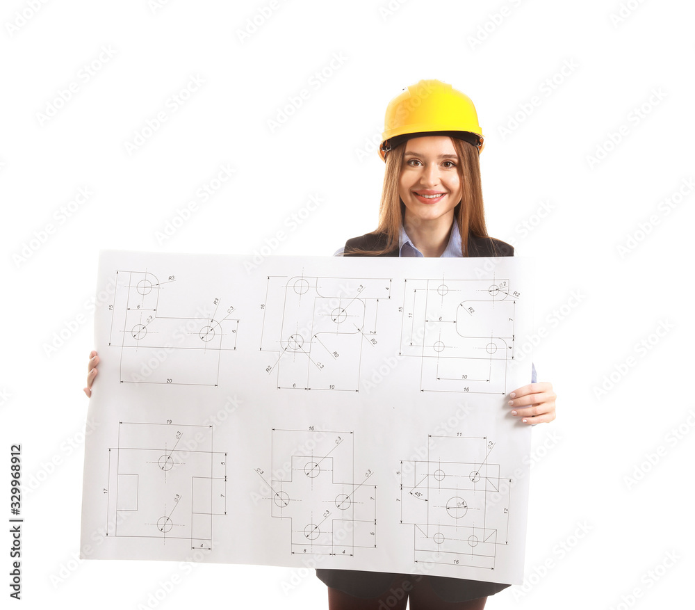 Female engineer with drawing on white background