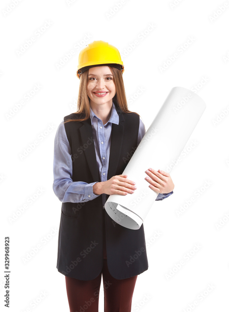 Female engineer with drawing on white background