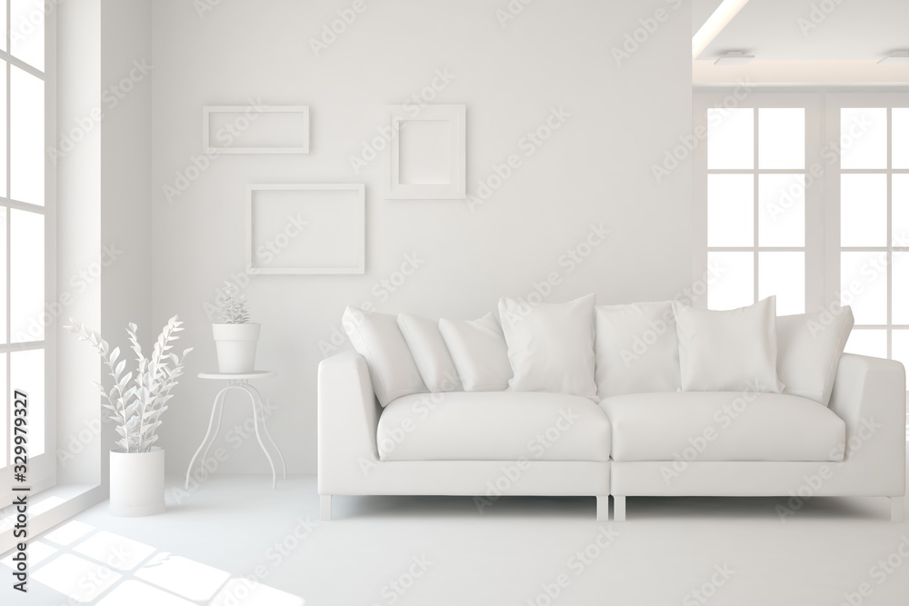 Mock up of minimalist living room in white color with sofa. Scandinavian interior design. 3D illustr