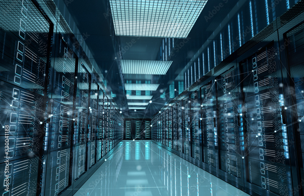 Connection network in servers data center room storage systems 3D rendering