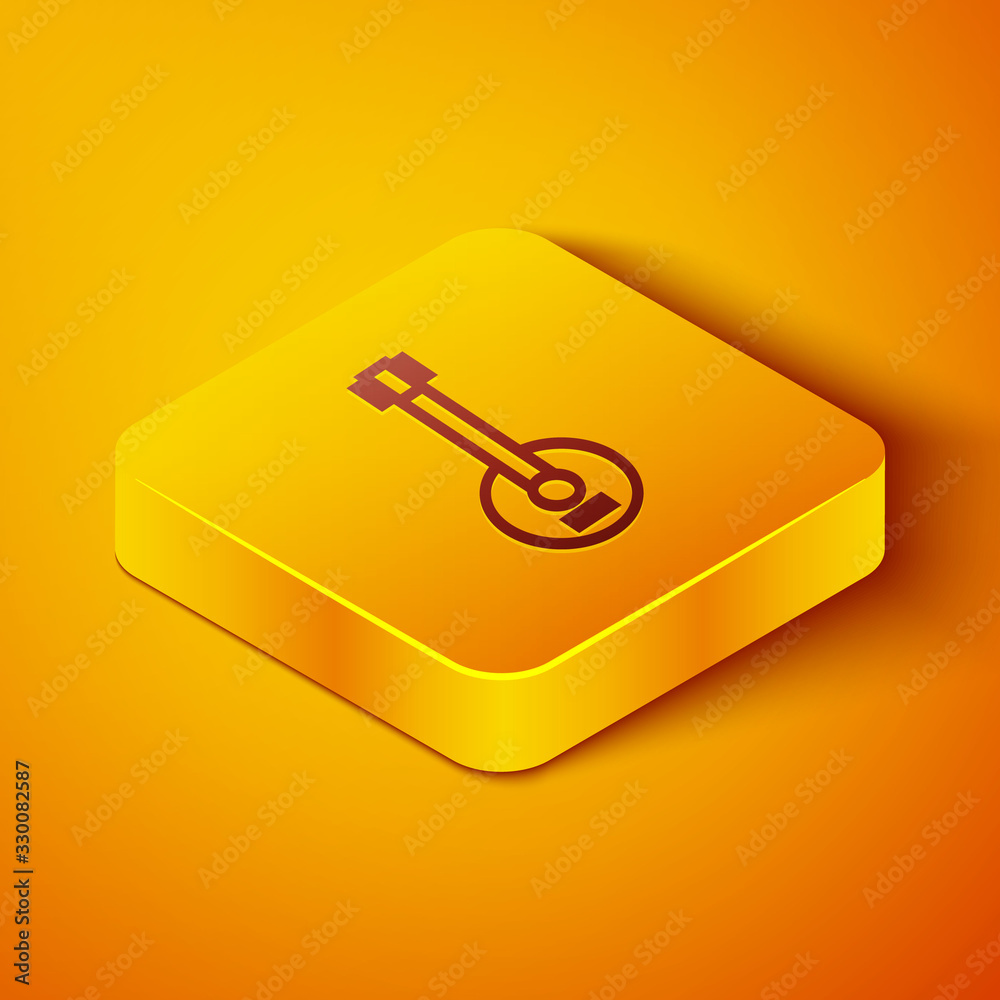 Isometric line Banjo icon isolated on orange background. Musical instrument. Yellow square button. V