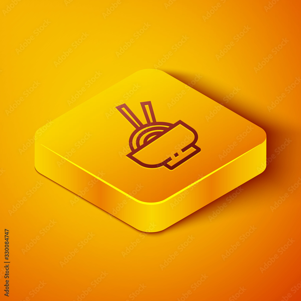 Isometric line Asian noodles in bowl and chopsticks icon isolated on orange background. Street fast 