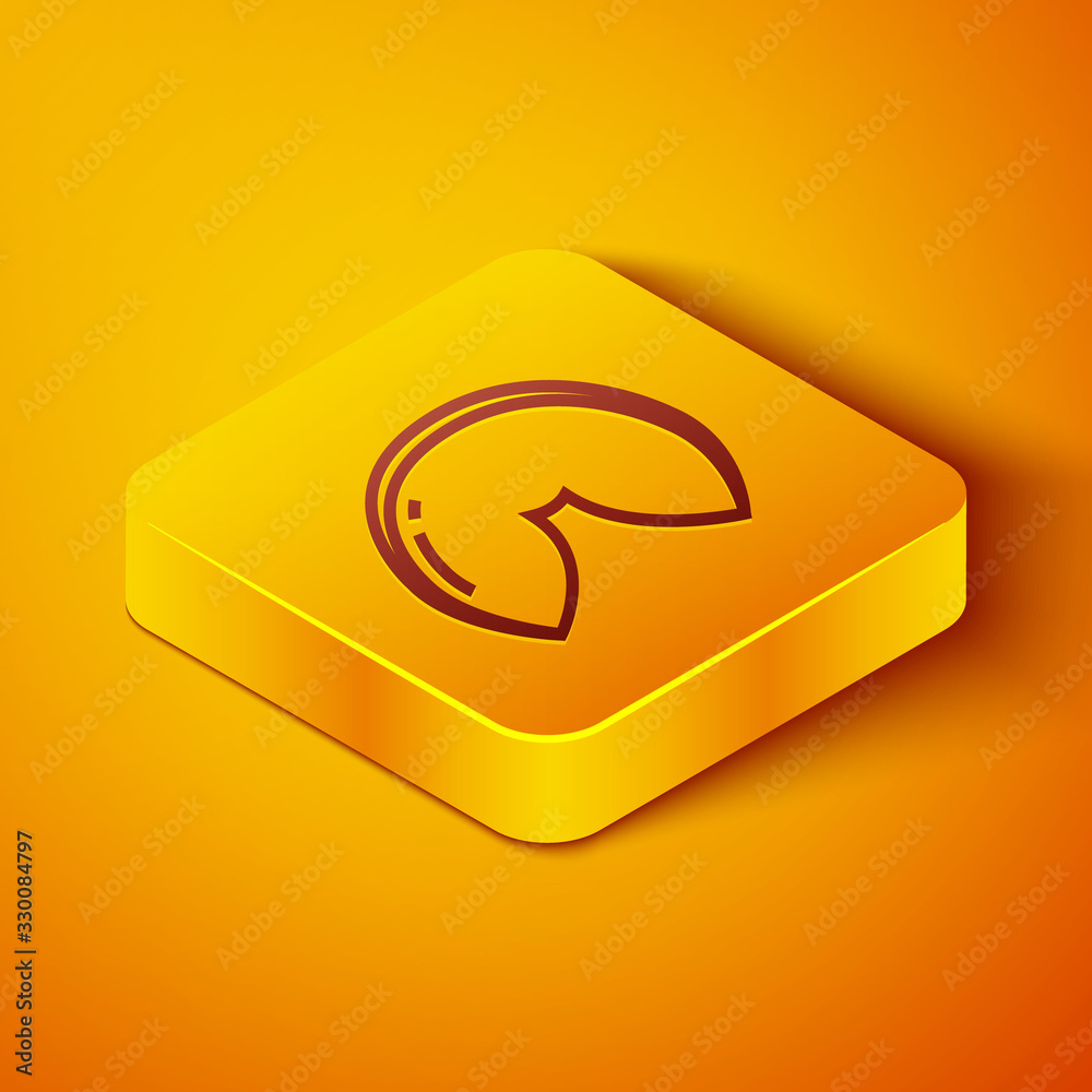 Isometric line Chinese fortune cookie icon isolated on orange background. Asian traditional. Yellow 