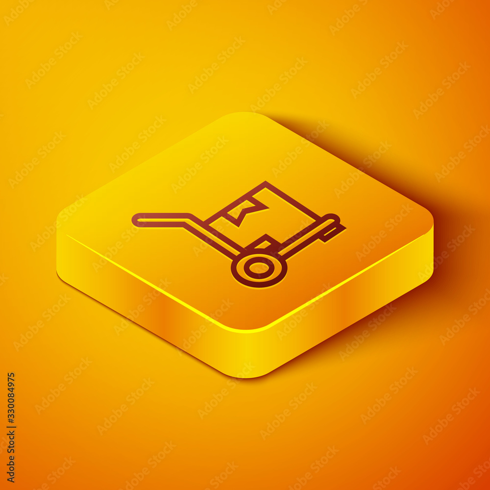 Isometric line Hand truck and boxes icon isolated on orange background. Dolly symbol. Yellow square 