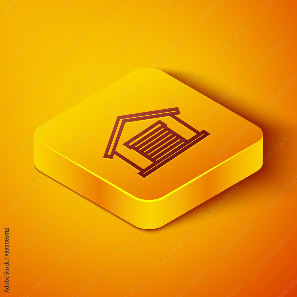 Isometric line Warehouse icon isolated on orange background. Yellow square button. Vector Illustrati