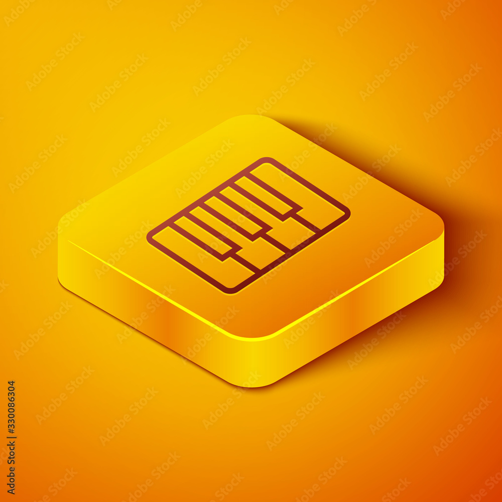 Isometric line Music synthesizer icon isolated on orange background. Electronic piano. Yellow square