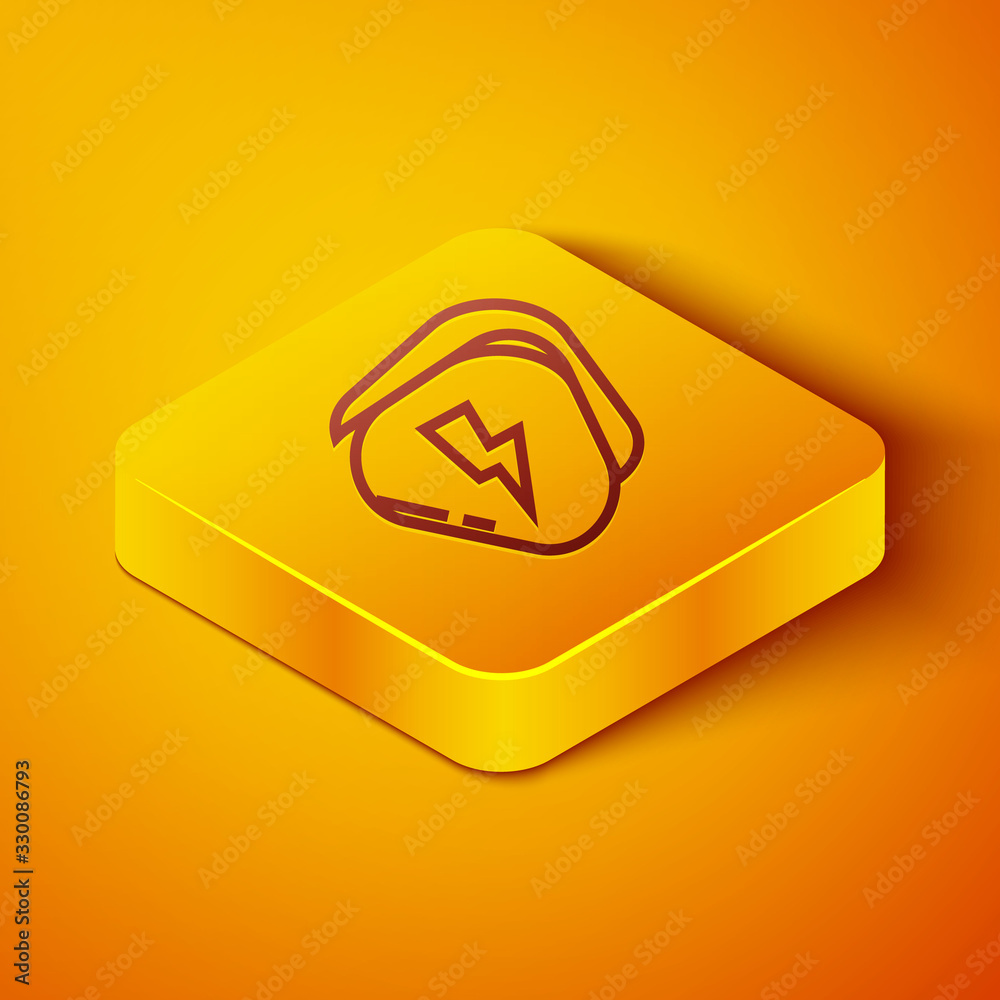 Isometric line Guitar pick icon isolated on orange background. Musical instrument. Yellow square but