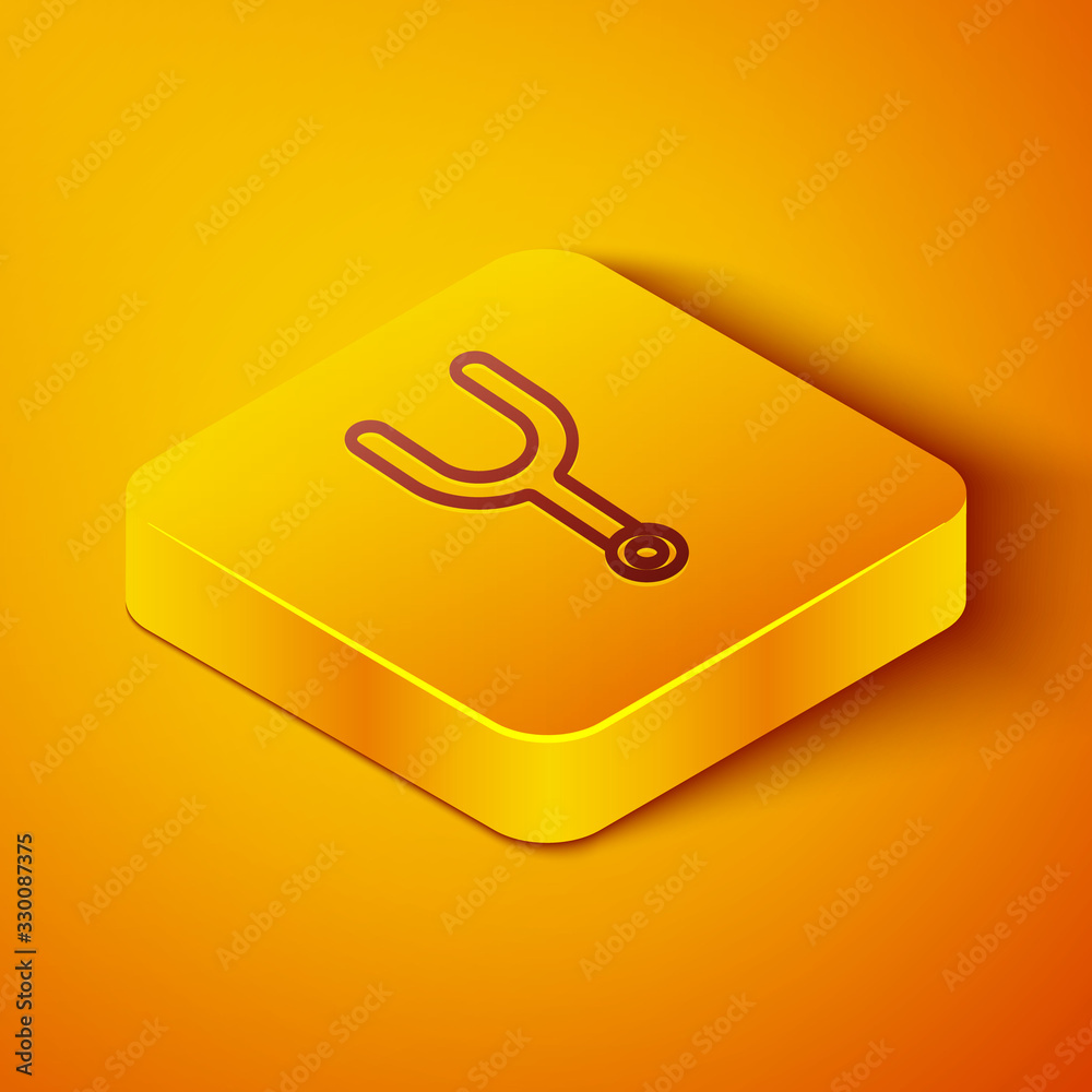 Isometric line Musical tuning fork for tuning musical instruments icon isolated on orange background