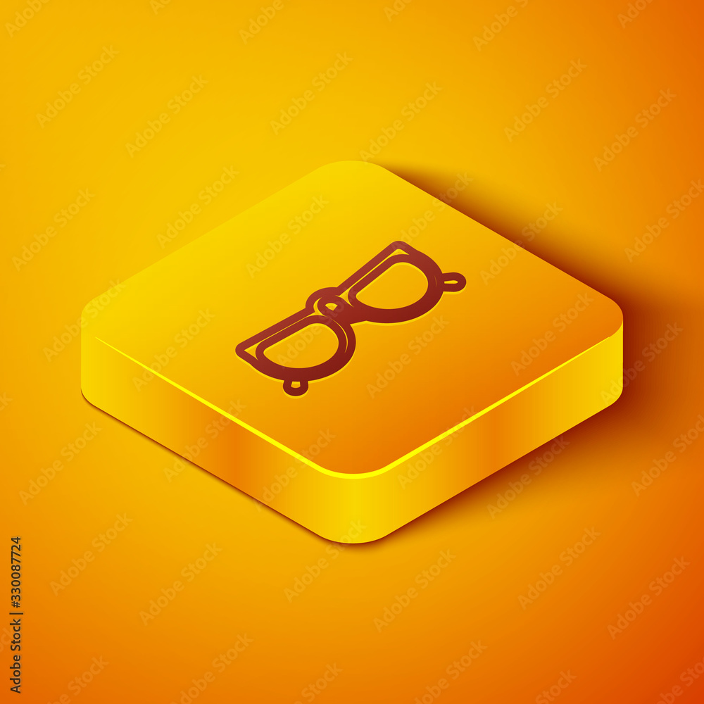 Isometric line Glasses icon isolated on orange background. Eyeglass frame symbol. Yellow square butt