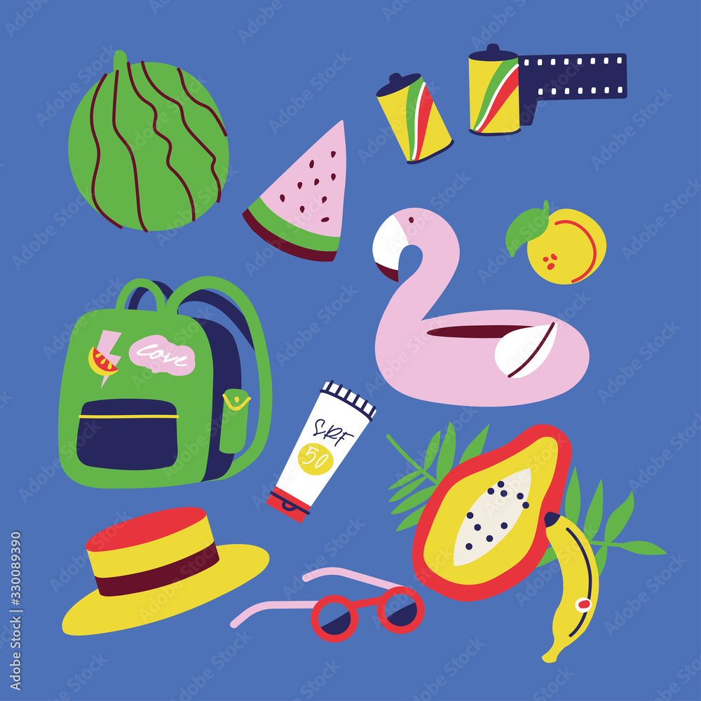 Vector illustrations of different travel, vacation or holiday signs and logos. Collection icons of s