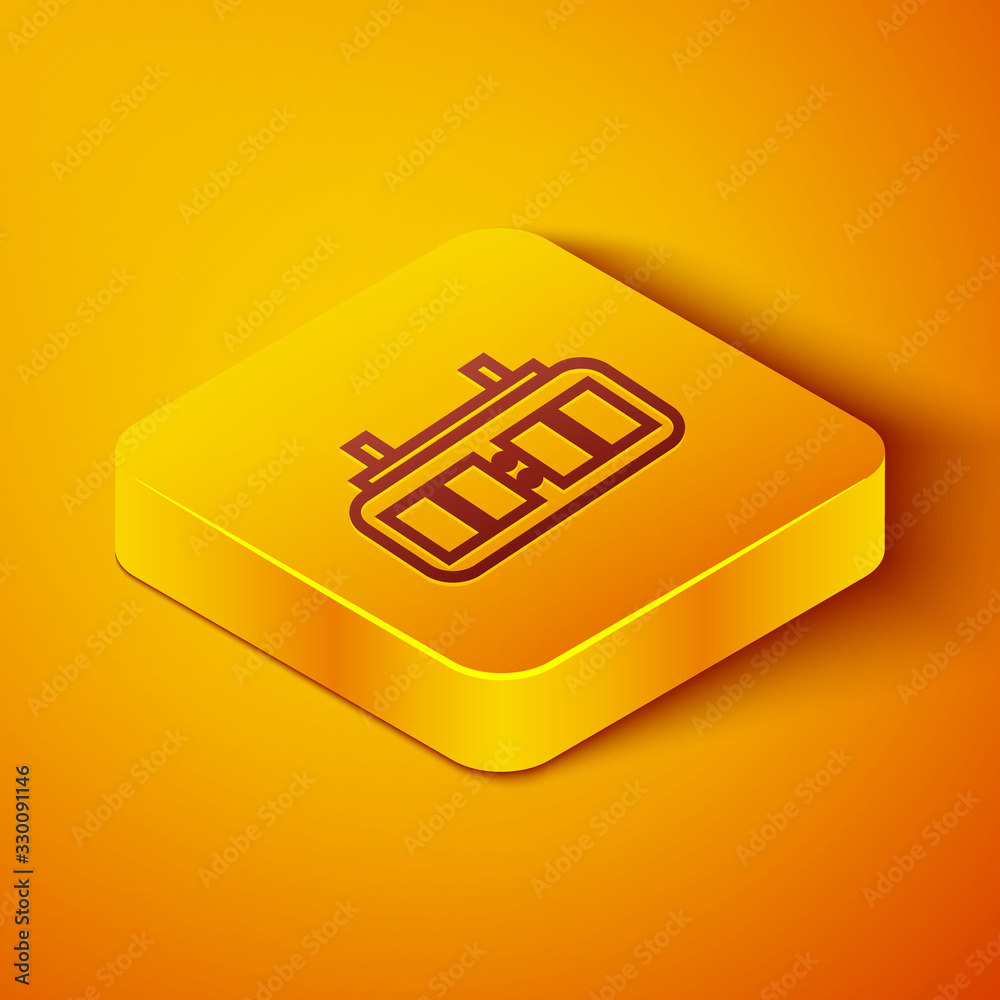 Isometric line Sport hockey mechanical scoreboard and result display icon isolated on orange backgro