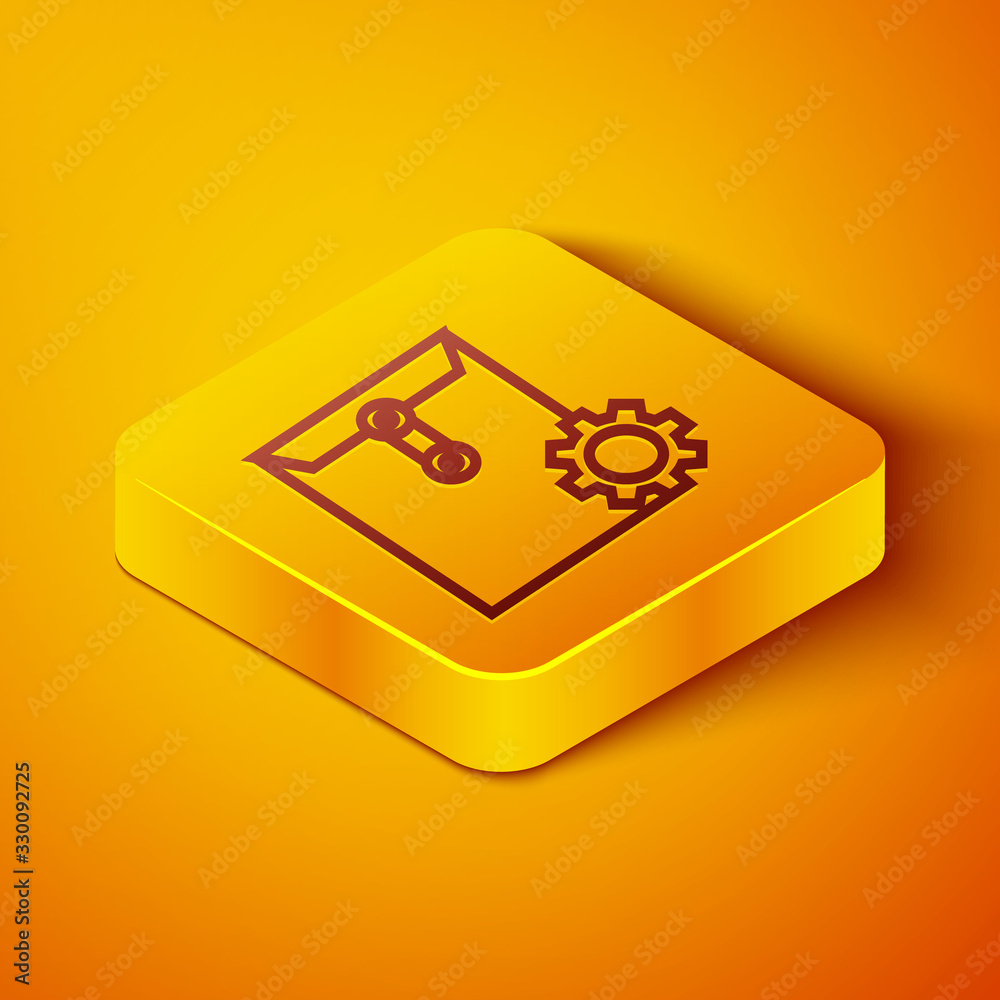 Isometric line Envelope setting icon isolated on orange background. Yellow square button. Vector Ill