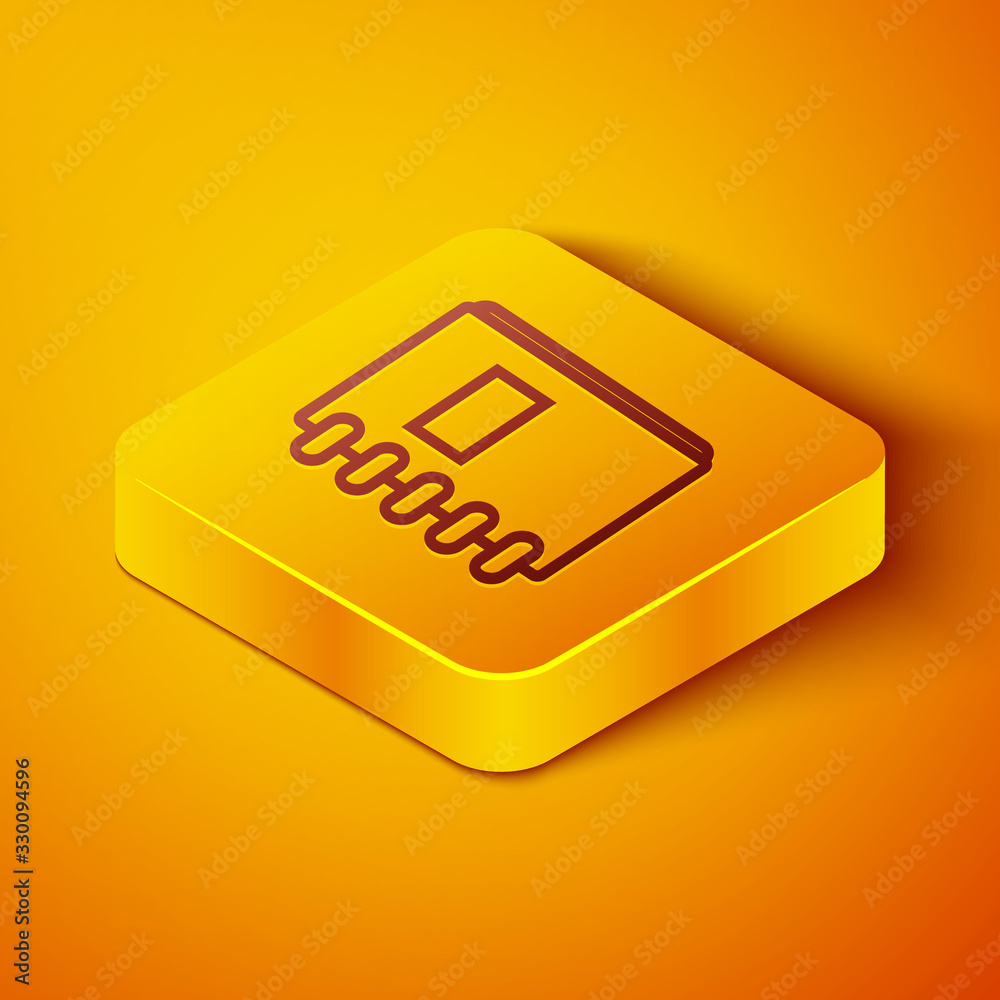 Isometric line Notebook icon isolated on orange background. Spiral notepad icon. School notebook. Wr