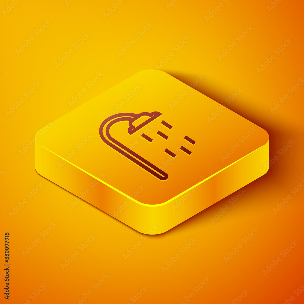 Isometric line Shower head with water drops flowing icon isolated on orange background. Yellow squar